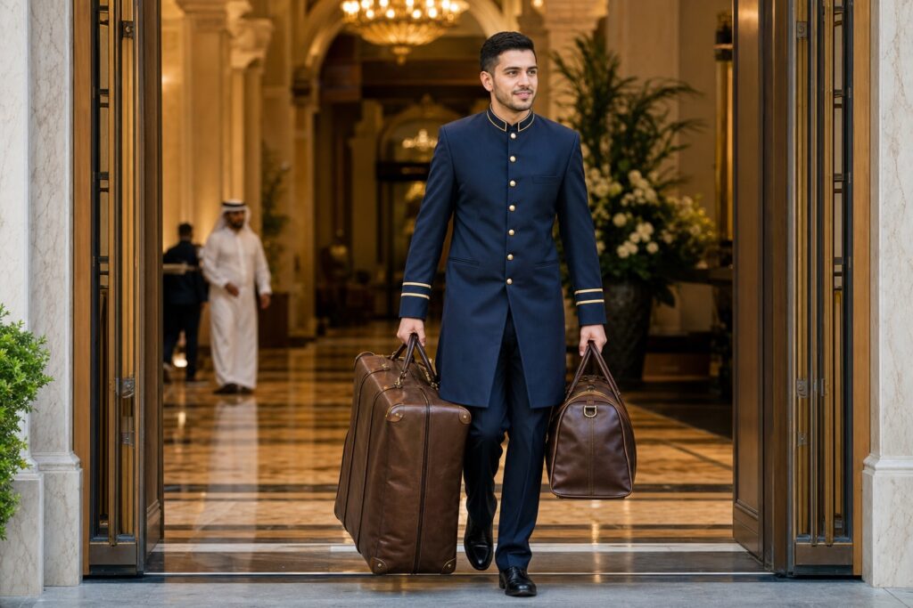 hotel porter uniforms — professional luxury hotel uniform photography