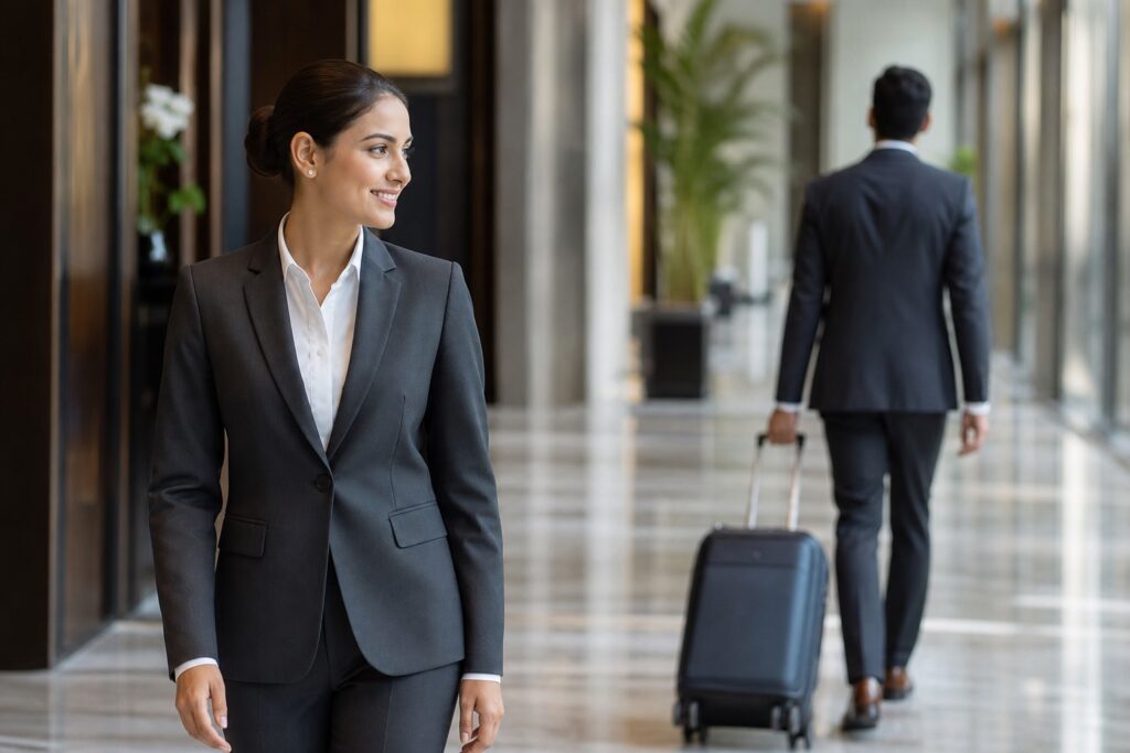 wrinkle resistant hotel uniforms — professional luxury hotel uniform photography