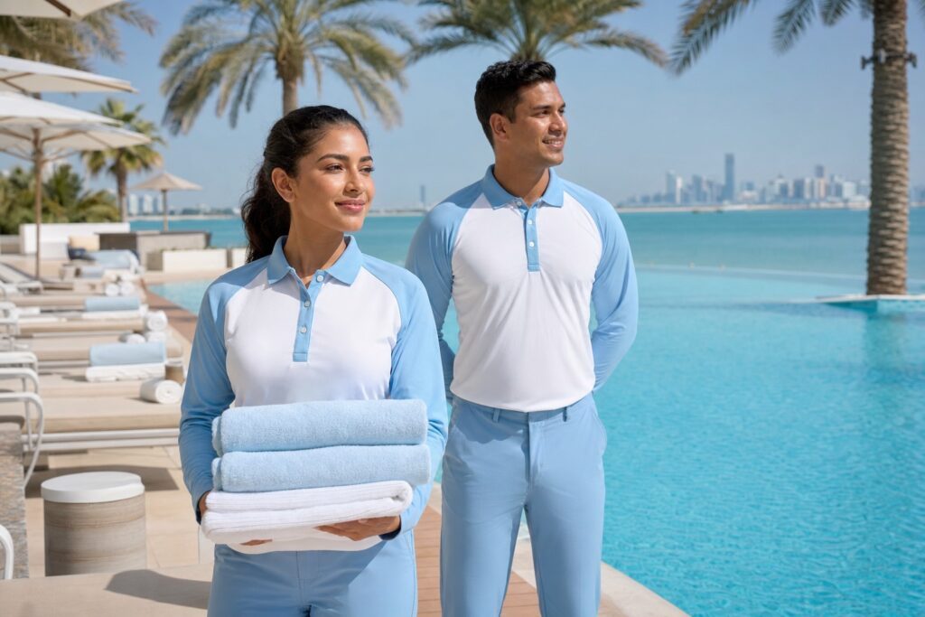hotel pool staff uniforms — professional luxury hotel uniform photography