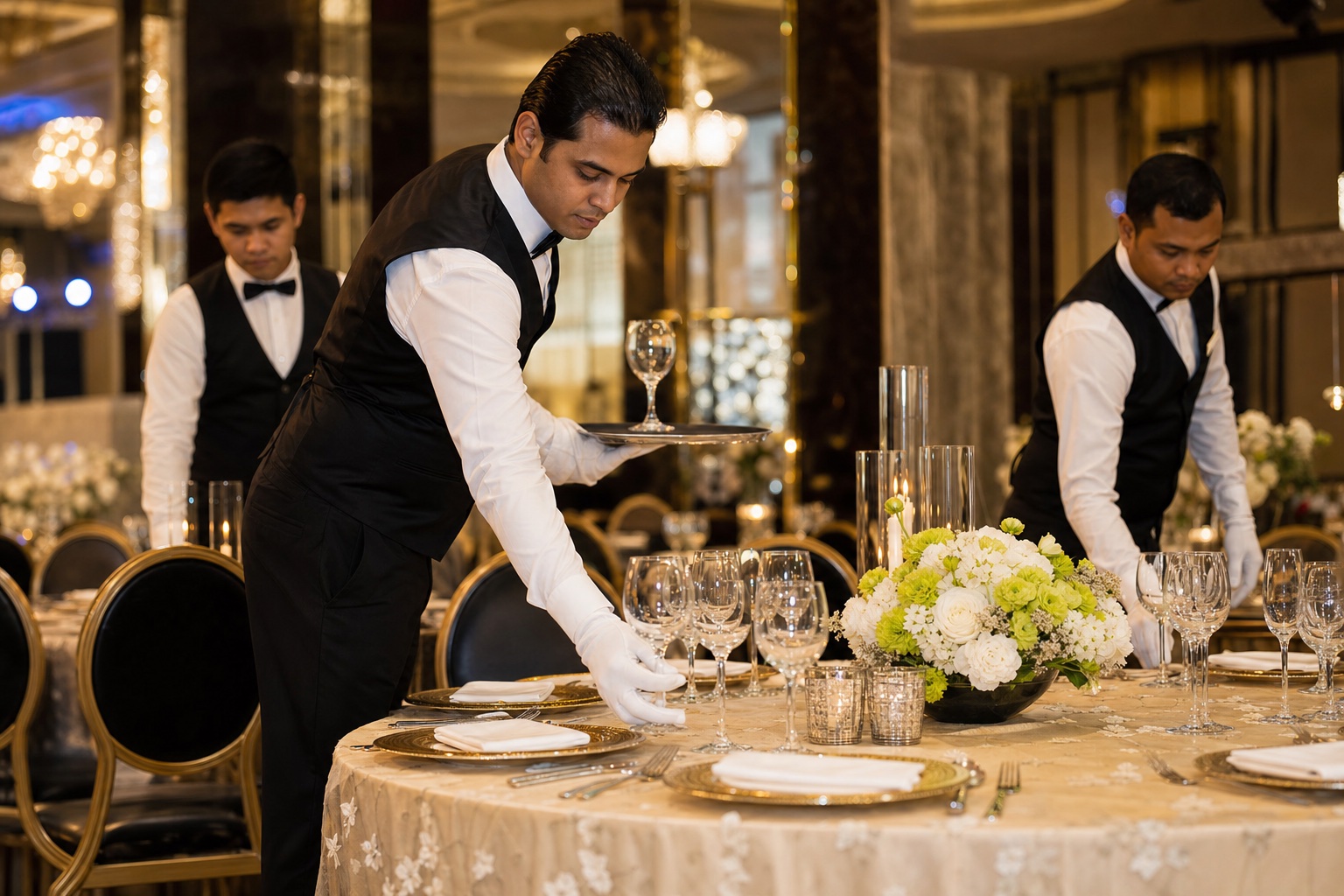 hotel banquet staff uniforms — professional luxury hotel uniform photography