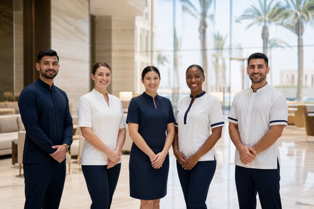 hotel staff workwear Gulf — professional luxury hotel uniform photography